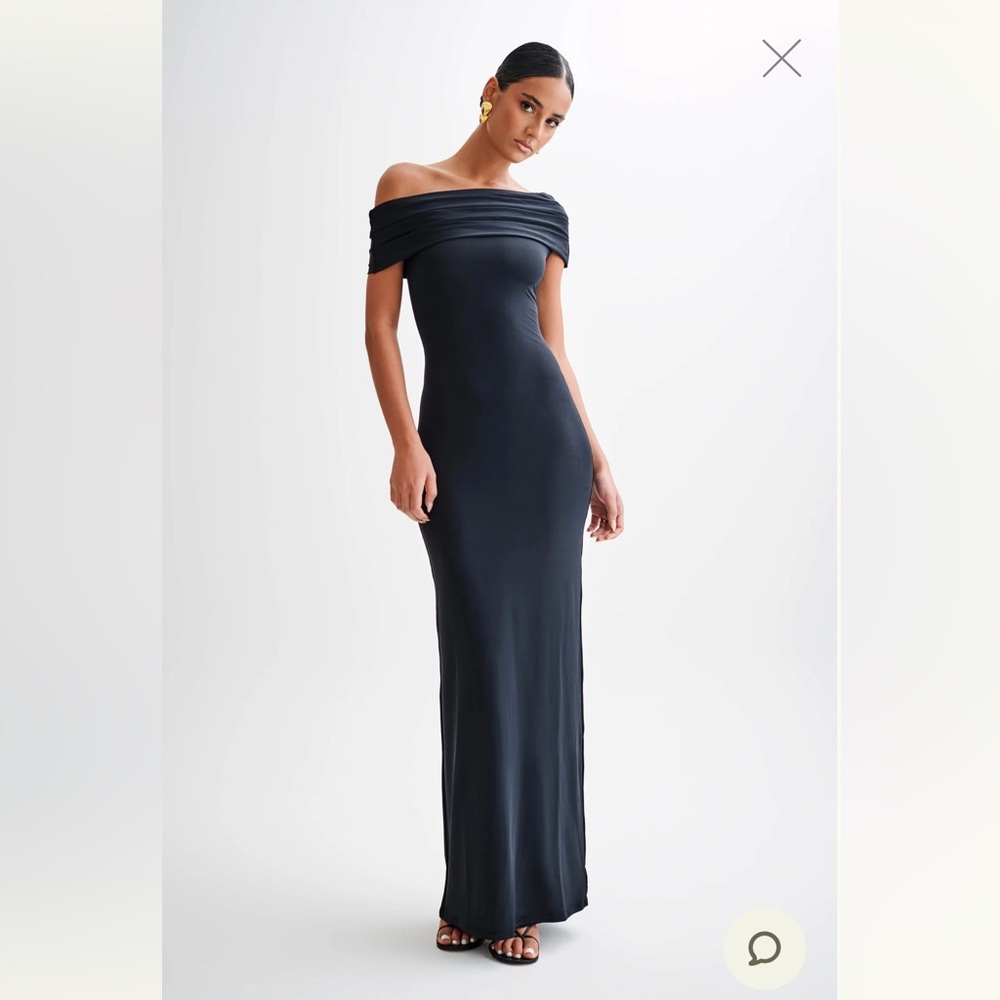 Elegant Black Maxi Dress - Cassandra Off Shoulder Slinky Maxi